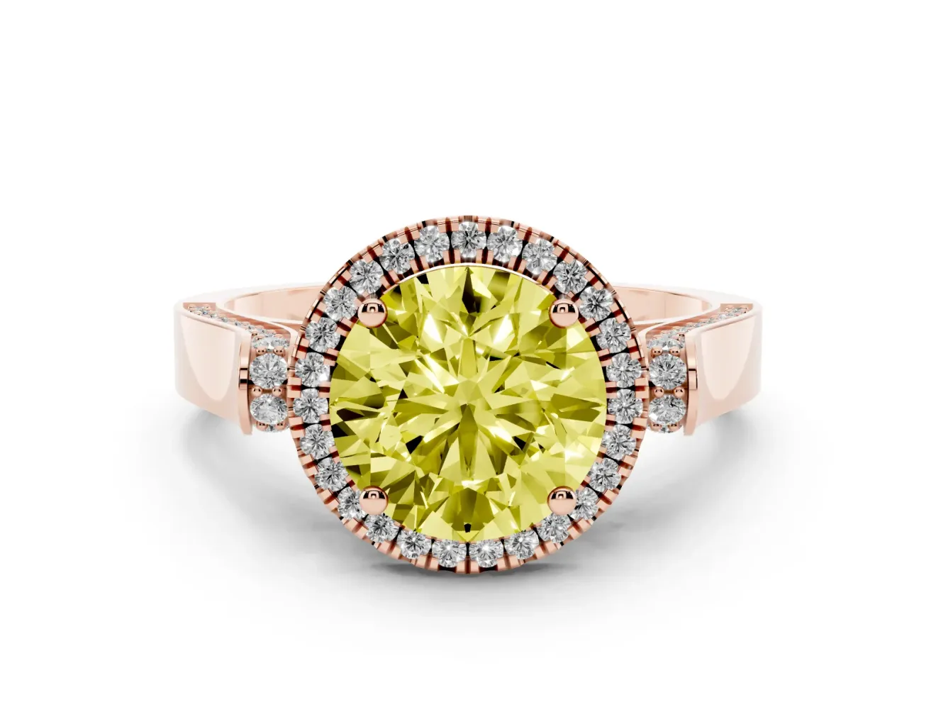 Round Pavé Halo Engagement Ring Setting for a Fancy Yellow Lab-Grown Diamond | Rose Gold