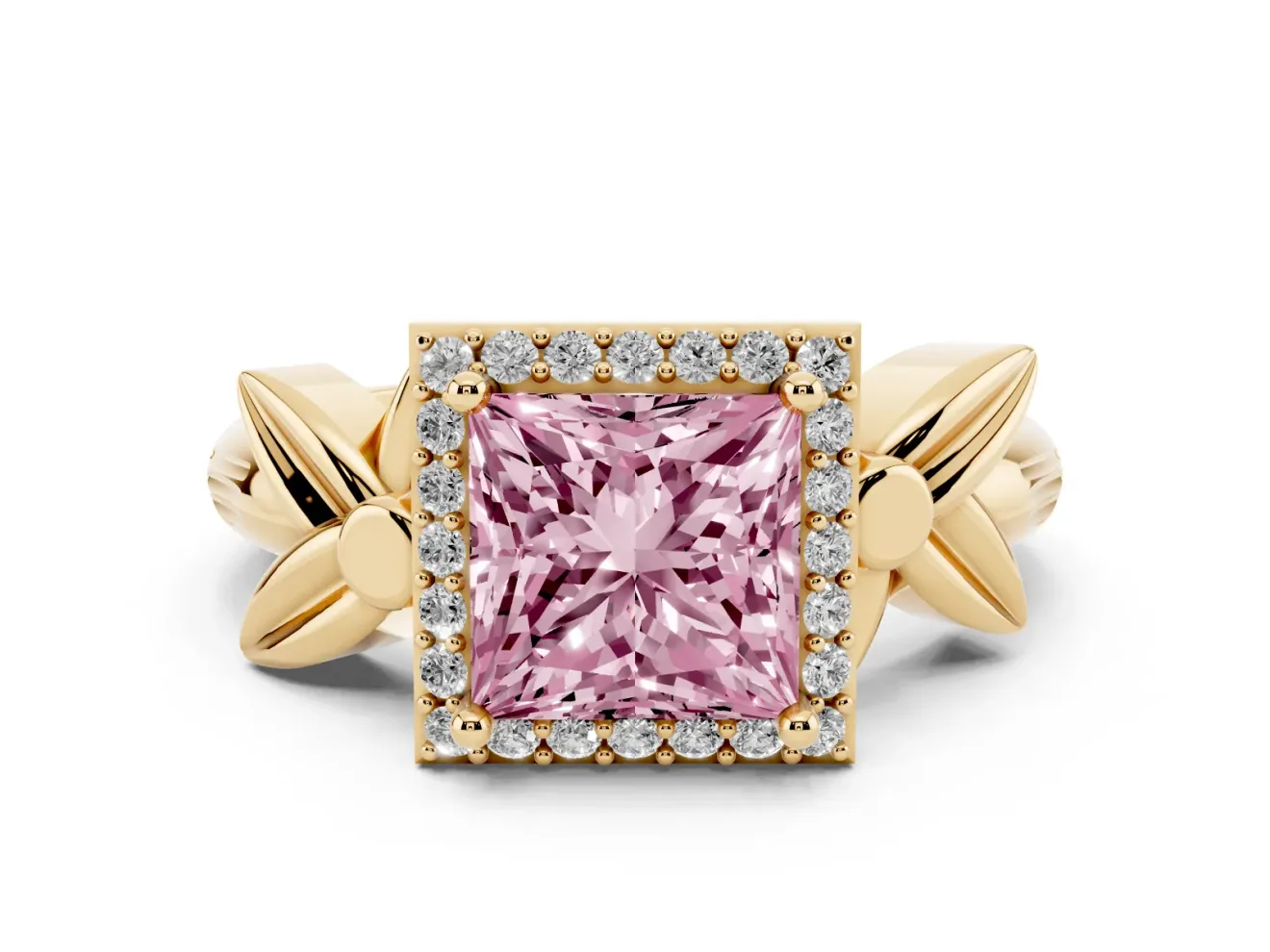 Princess Cut Floral Halo Engagement Ring Setting for a Fancy Pink Lab-Grown Diamond | Yellow Gold