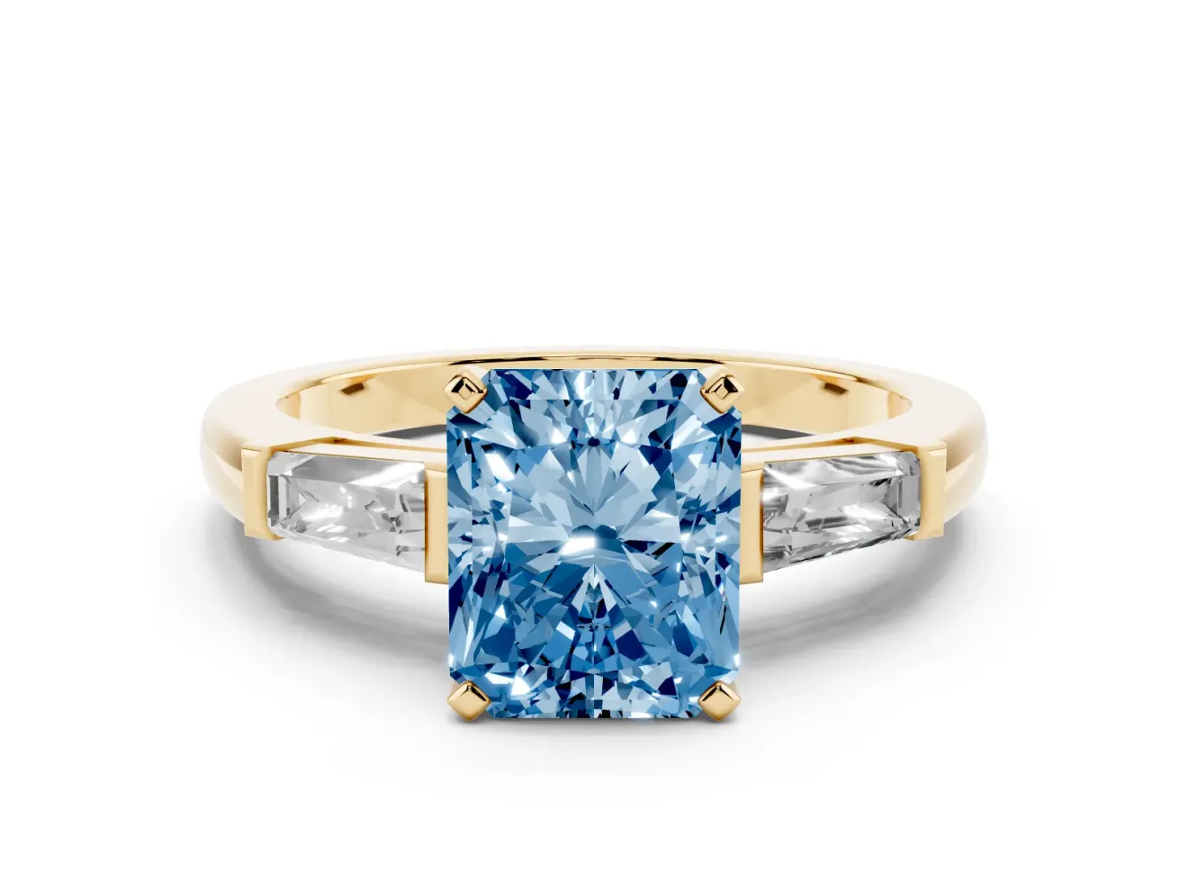 Fancy Blue Radiant Cut Diamond Solitaire Ring Set in Yellow gold with Tapered Baguette Side Stones and Prong Setting
