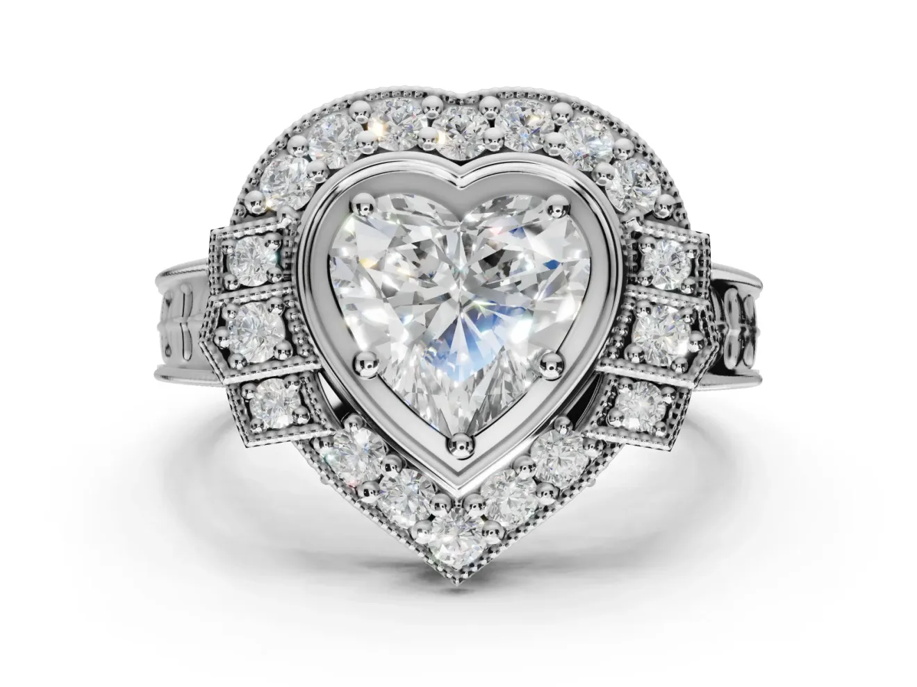 Heart-Shaped Vintage Halo Engagement Ring Setting | Art Deco Side Panels | Sterling Silver