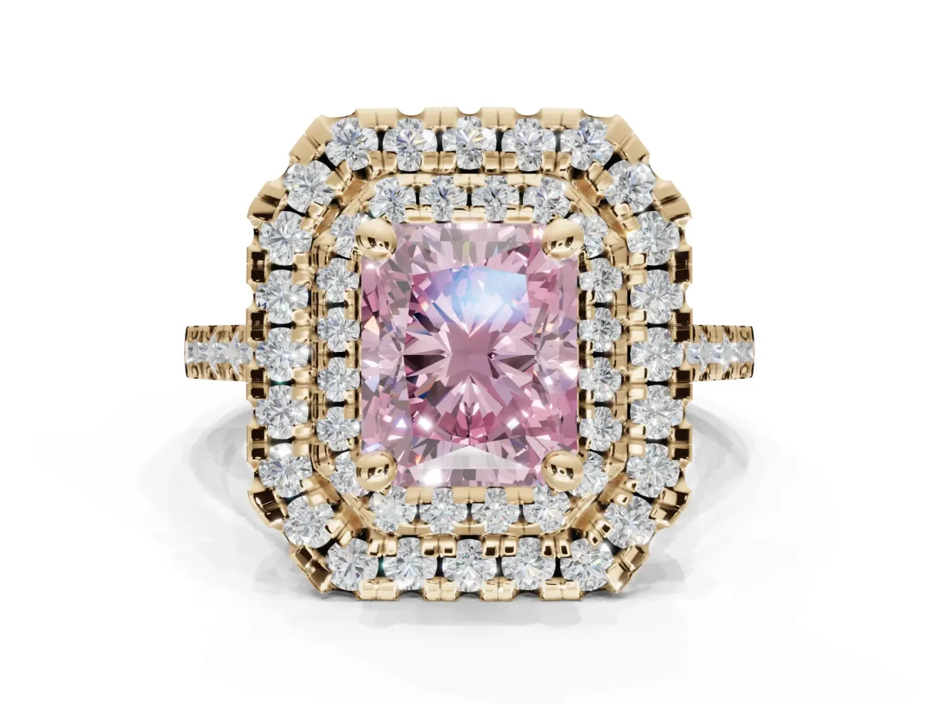 Fancy Pink Radiant Cut Lab-Grown Diamond Double Halo Statement Ring Set in Yellow Gold with Pavé Band