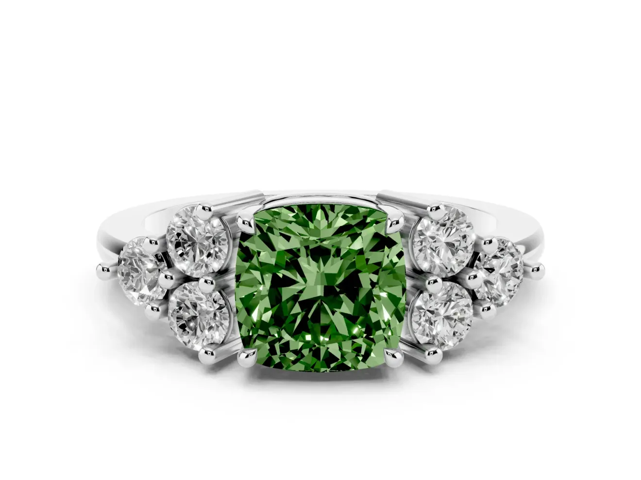 Fancy Green Cushion Cut Diamond Solitaire Ring Set in Silver with Cluster Accents on Each Side