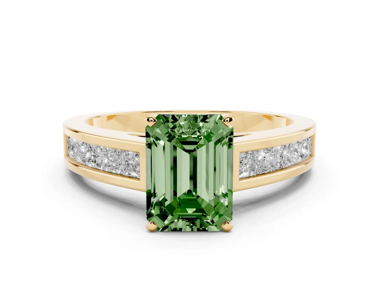 Fancy Green Emerald Cut Diamond Solitaire Ring Set in Yellow gold with Channel-Set Band and Prong Setting