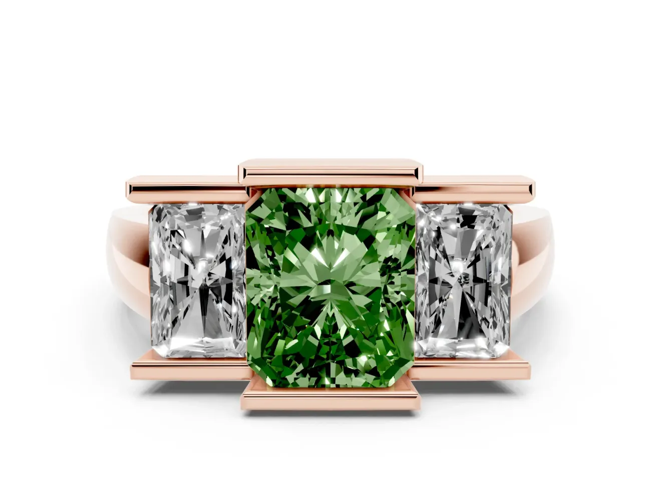 Radiant Cut Channel-Set Three Stone Engagement Ring Setting for a Fancy Green Lab-Grown Diamond | Rose Gold
