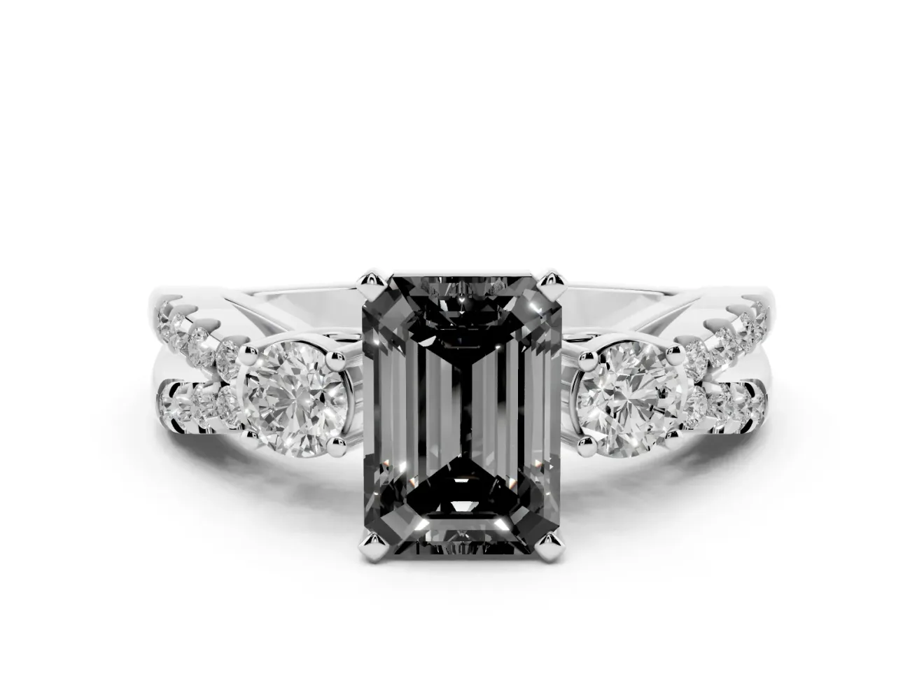 Fancy Black Emerald Cut Diamond Three-Stone Ring Set in Platinum with Pavé Split Shank and Prong Setting