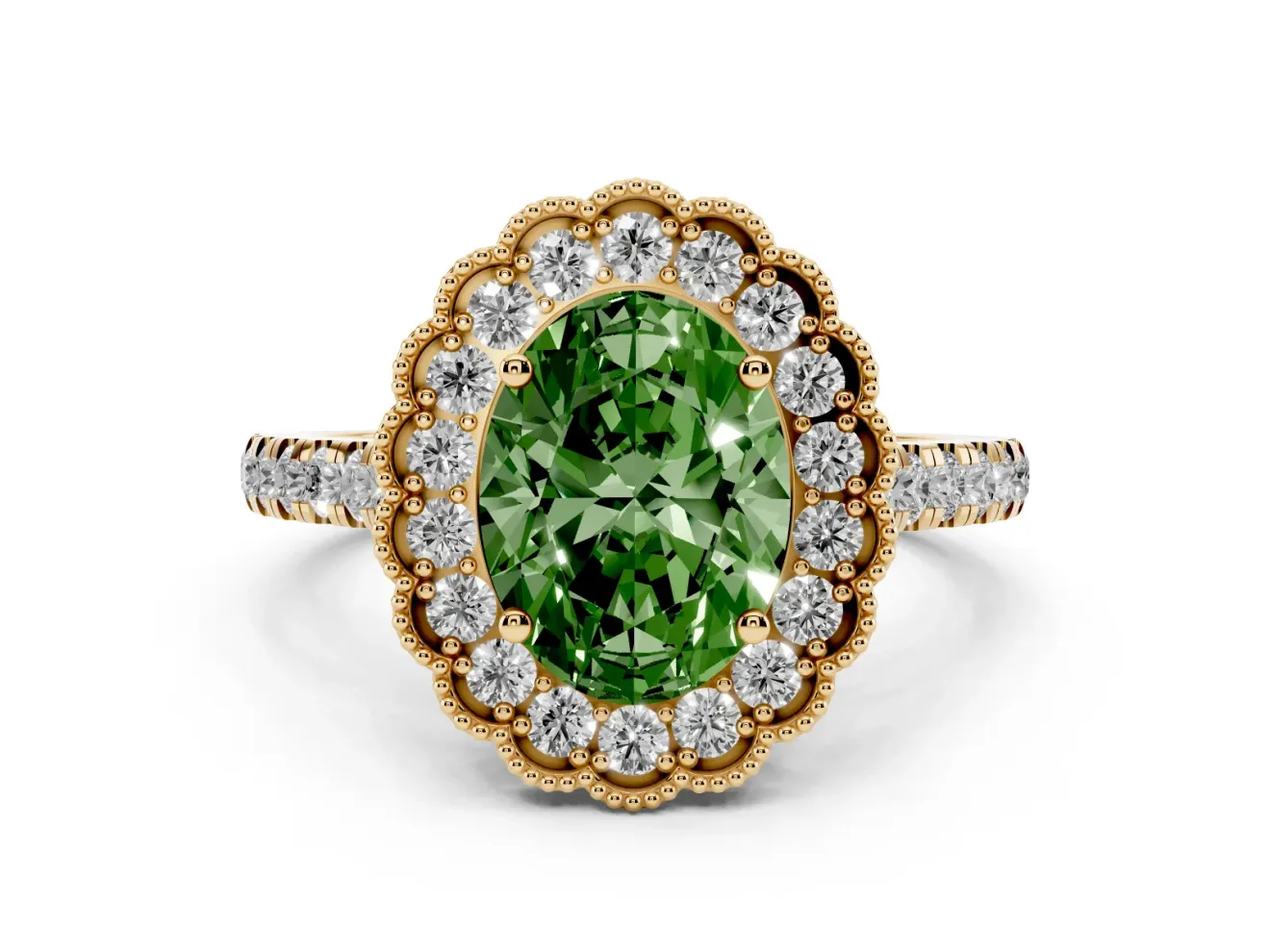 Fancy Green Oval Cut Diamond Milgrain Floral Halo Engagement Ring Set in Yellow gold with Pavé Band