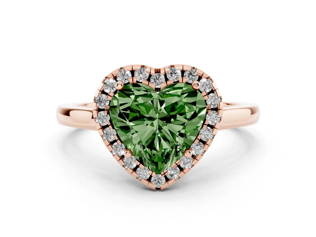 Fancy Green Heart Cut Halo Round Diamond Solitaire Ring Set in Rose gold with Pavé Band and Prong Setting