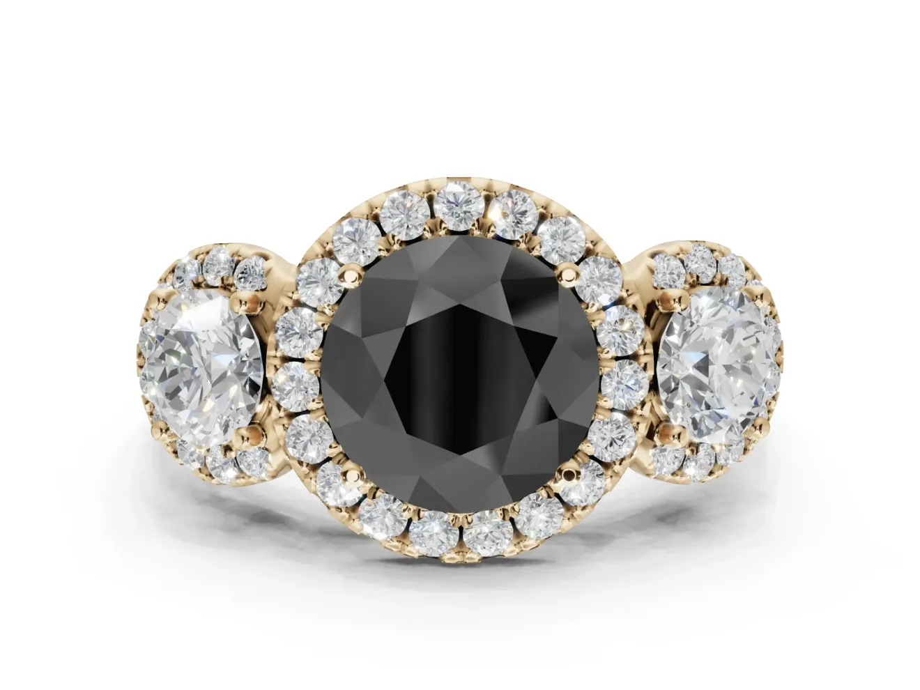 Round Three Stone Halo Engagement Ring Setting for a Black Center | Haloed Side Stones | Yellow Gold