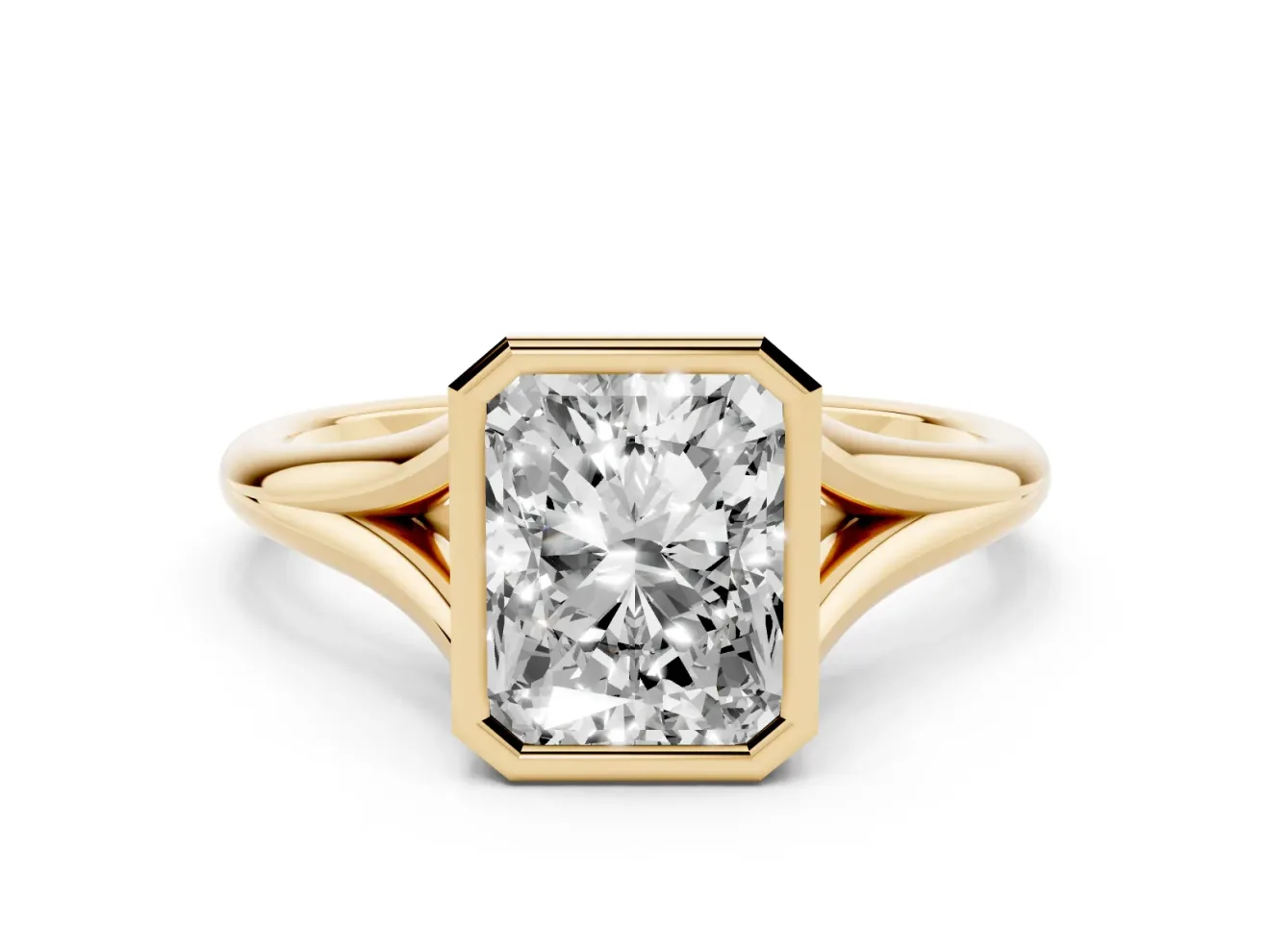 Bezel Set Radiant Cut Diamond Solitaire Ring Set in Yellow gold with Tapered Band