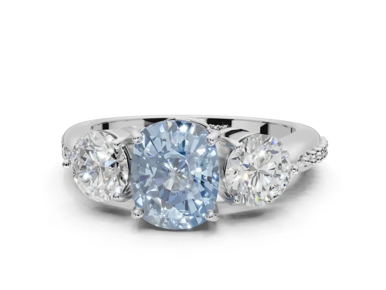 Cushion Cut Three Stone Engagement Ring Setting for a Fancy Blue Lab-Grown Diamond | Tapered Pave Band | White Gold