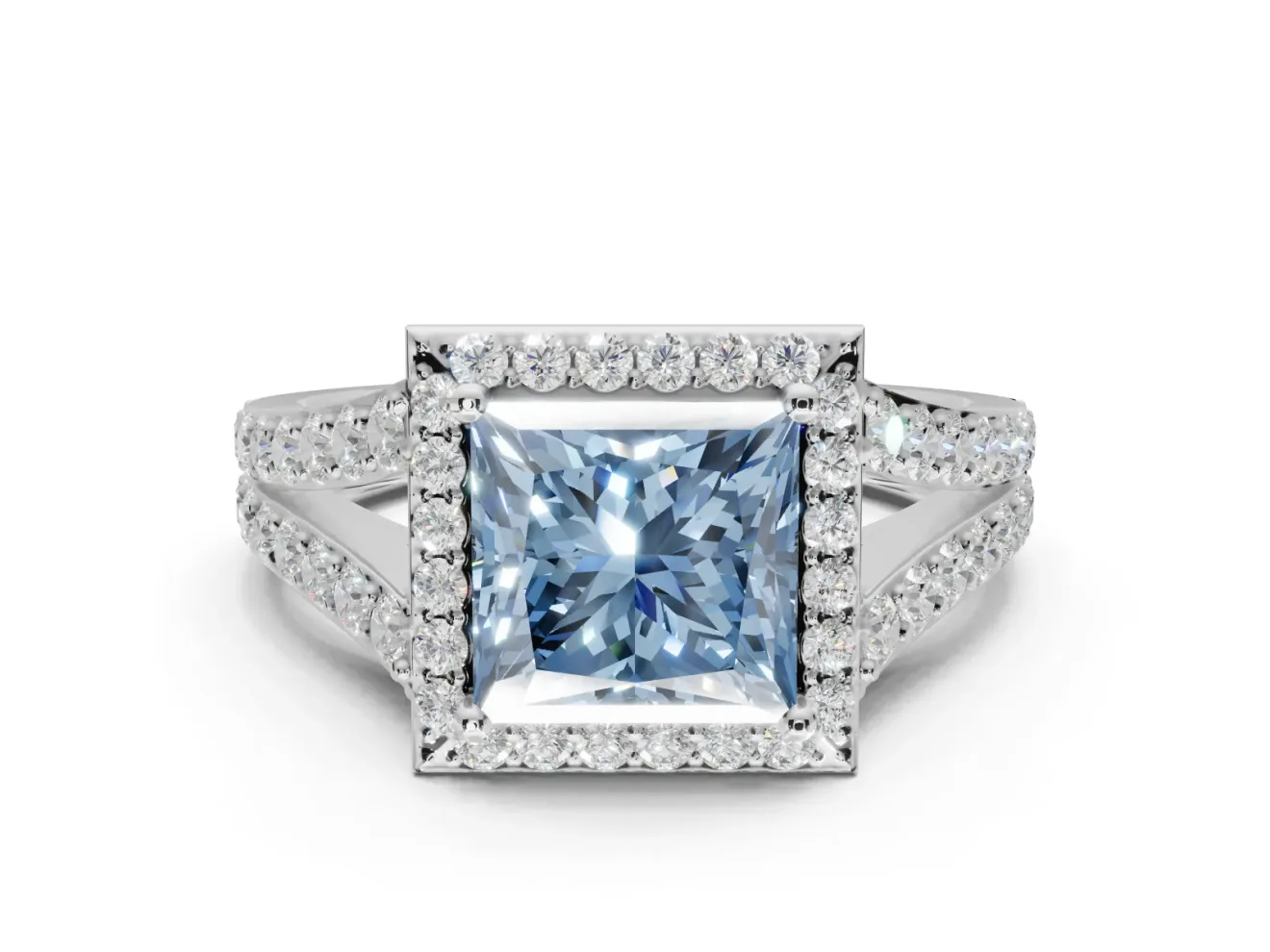 Princess Cut Halo Pavé Engagement Ring Setting for a Fancy Blue Lab-Grown Diamond | Narrow Split Shank | White Gold