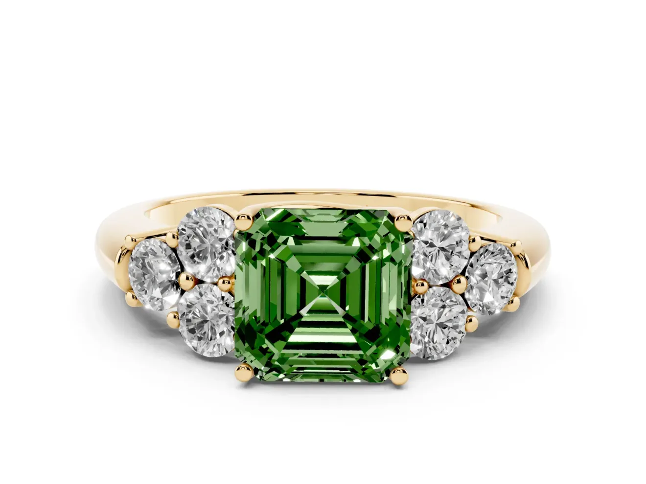 Fancy Green Asscher Cut Diamond Cluster Ring Set in Yellow gold with Round Accent Stones and Prong Setting on a Plain Band