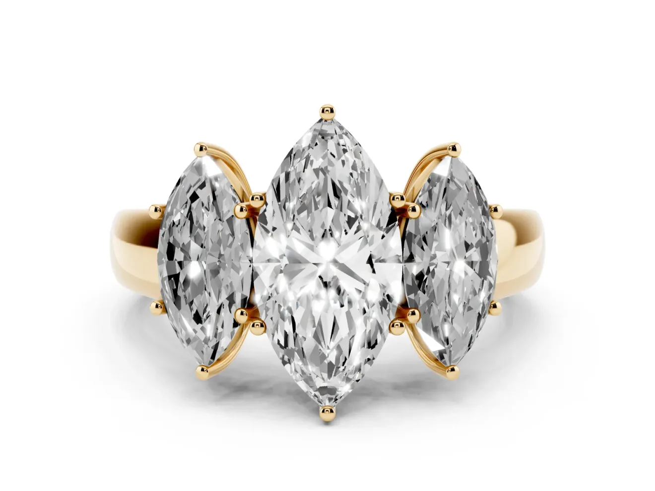 Three-Stone Marquise Cut Diamond Ring Set in Yellow gold with Matching Prong Settings and Plain Band