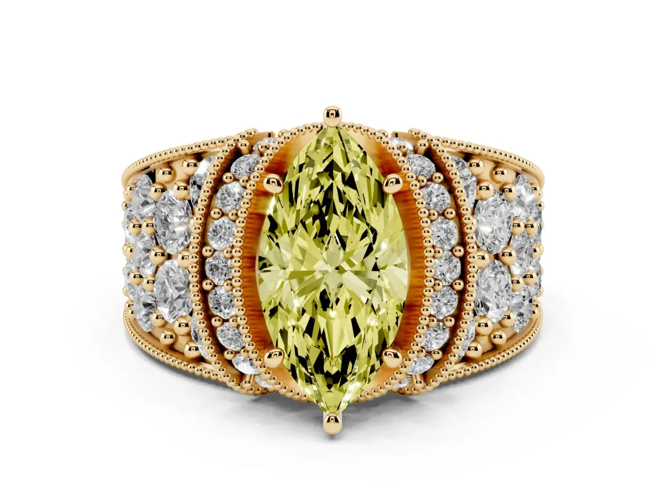 Marquise Vintage Pave Engagement Ring Setting for a Fancy Yellow Lab-Grown Diamond | Milgrain Edges | Yellow Gold