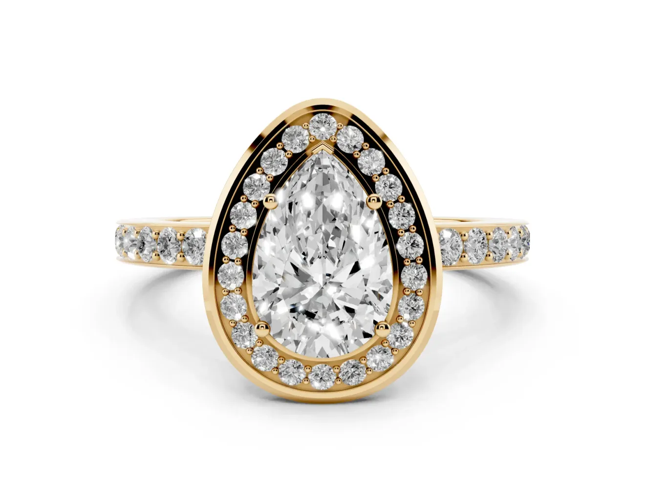 Pear Cut Diamond Halo Ring Set in Yellow gold with Bezel Frame and Pavé Band