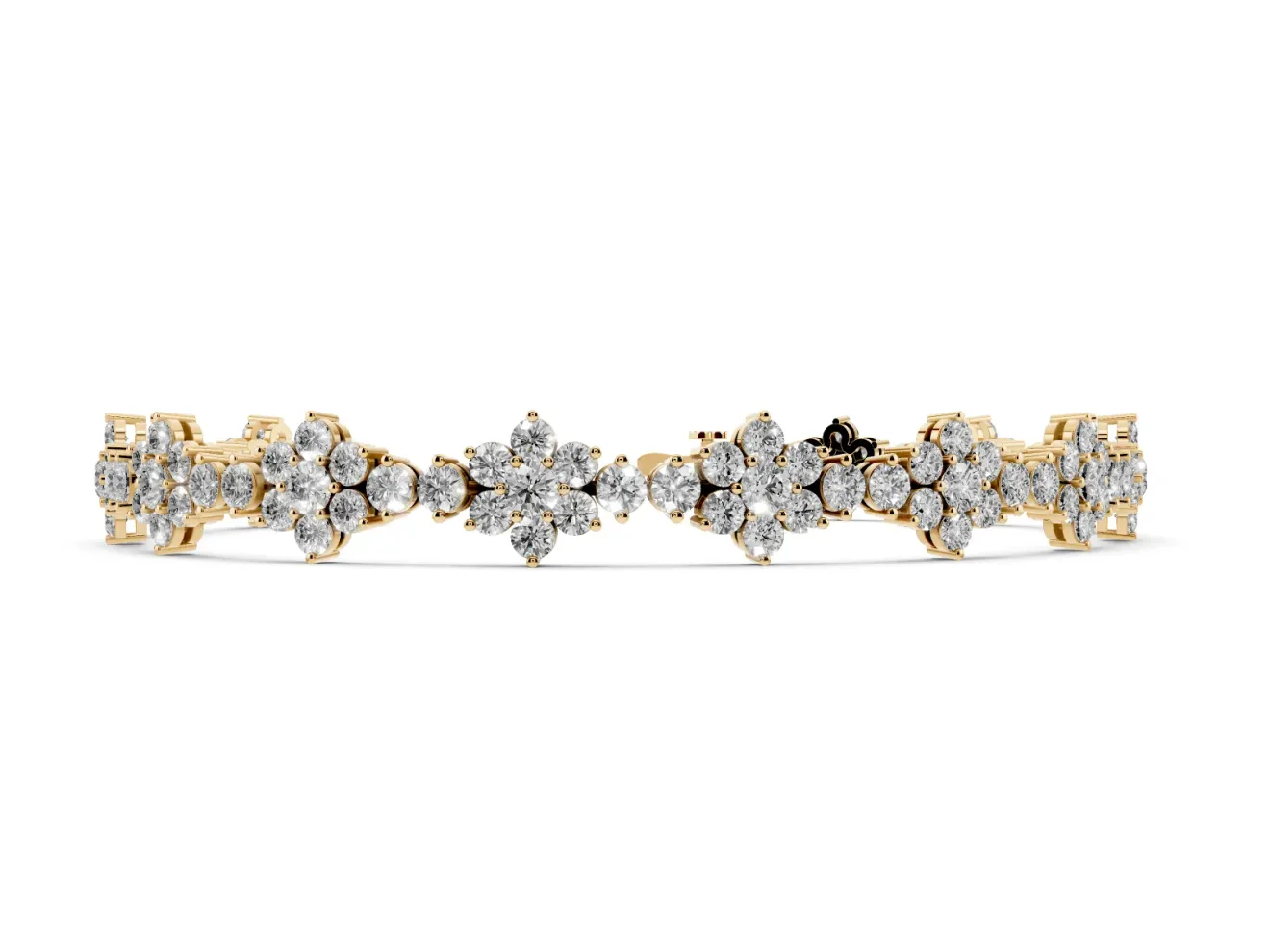 Round Lab-Grown Diamond Floral Cluster Tennis Bracelet | Flower Motif Links | Yellow Gold
