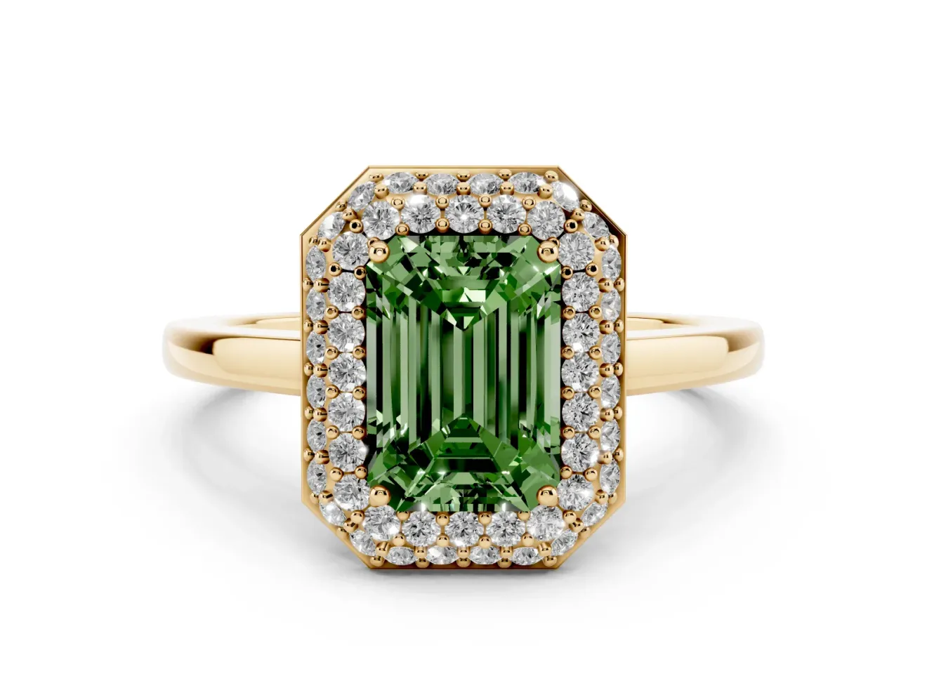 Emerald Cut Pave Halo Engagement Ring Setting for a Fancy Green Lab-Grown Diamond | Slim Plain Band | Yellow Gold
