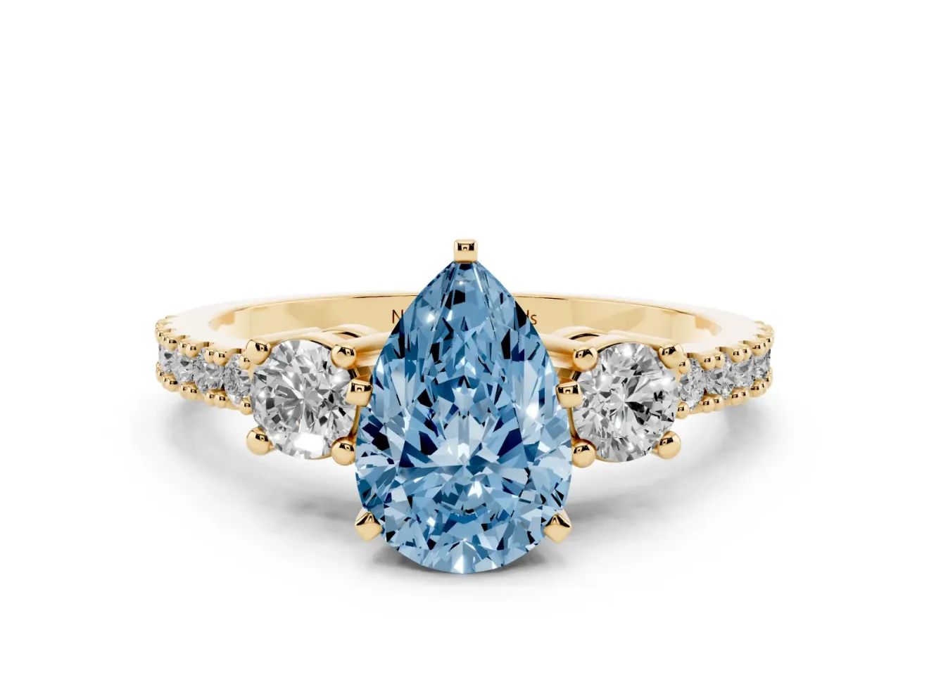Fancy Blue Three-Stone Pear Cut Diamond Pavé Band Ring Set in Yellow gold with Prong Setting