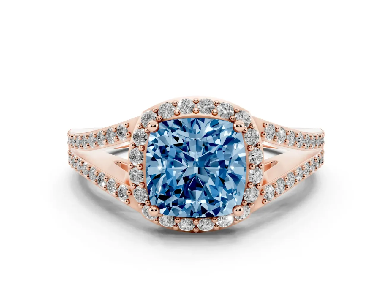 Cushion Cut Split Shank Halo Engagement Ring Setting for a Fancy Blue Lab-Grown Diamond | Rose Gold