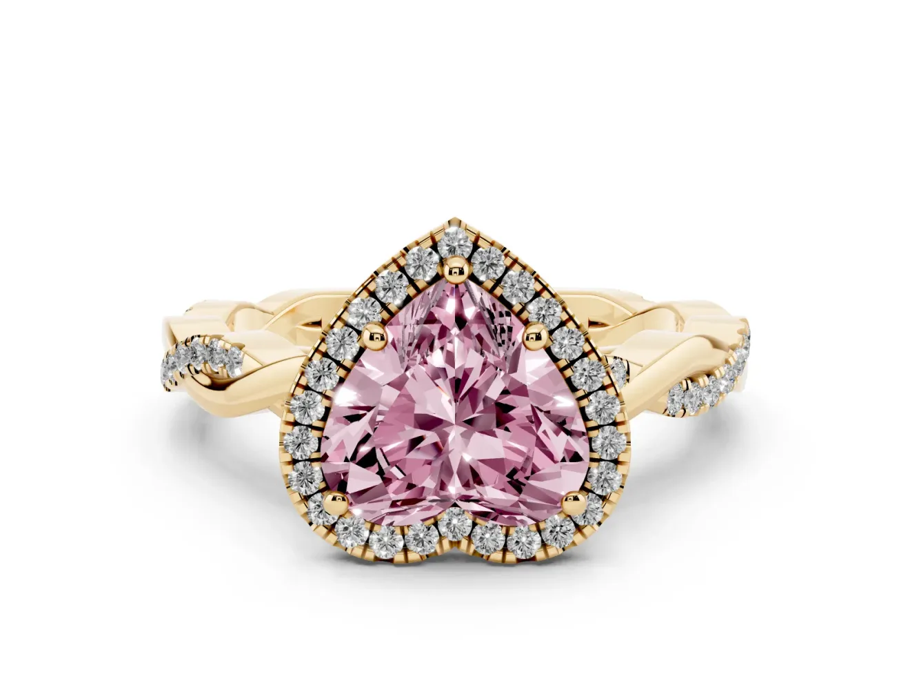 Fancy Pink Heart Cut Diamond Halo Twisted Band Ring Set in Yellow gold with Prong Setting