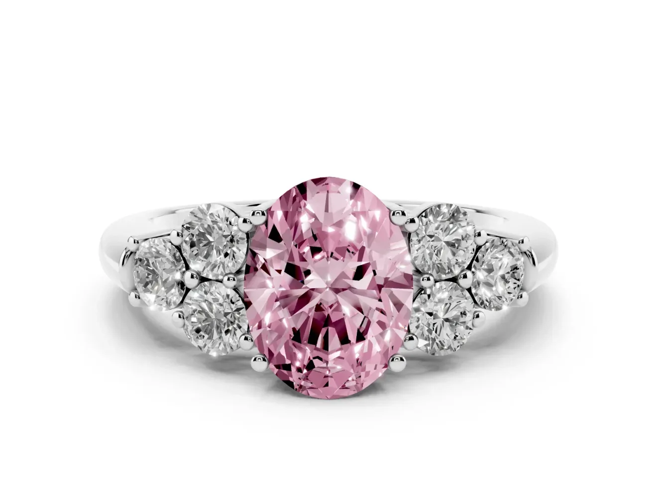 Fancy Pink Oval Cut Diamond Cluster Ring Set in Silver with Round Accent Stones and Prong Setting on a Plain Band