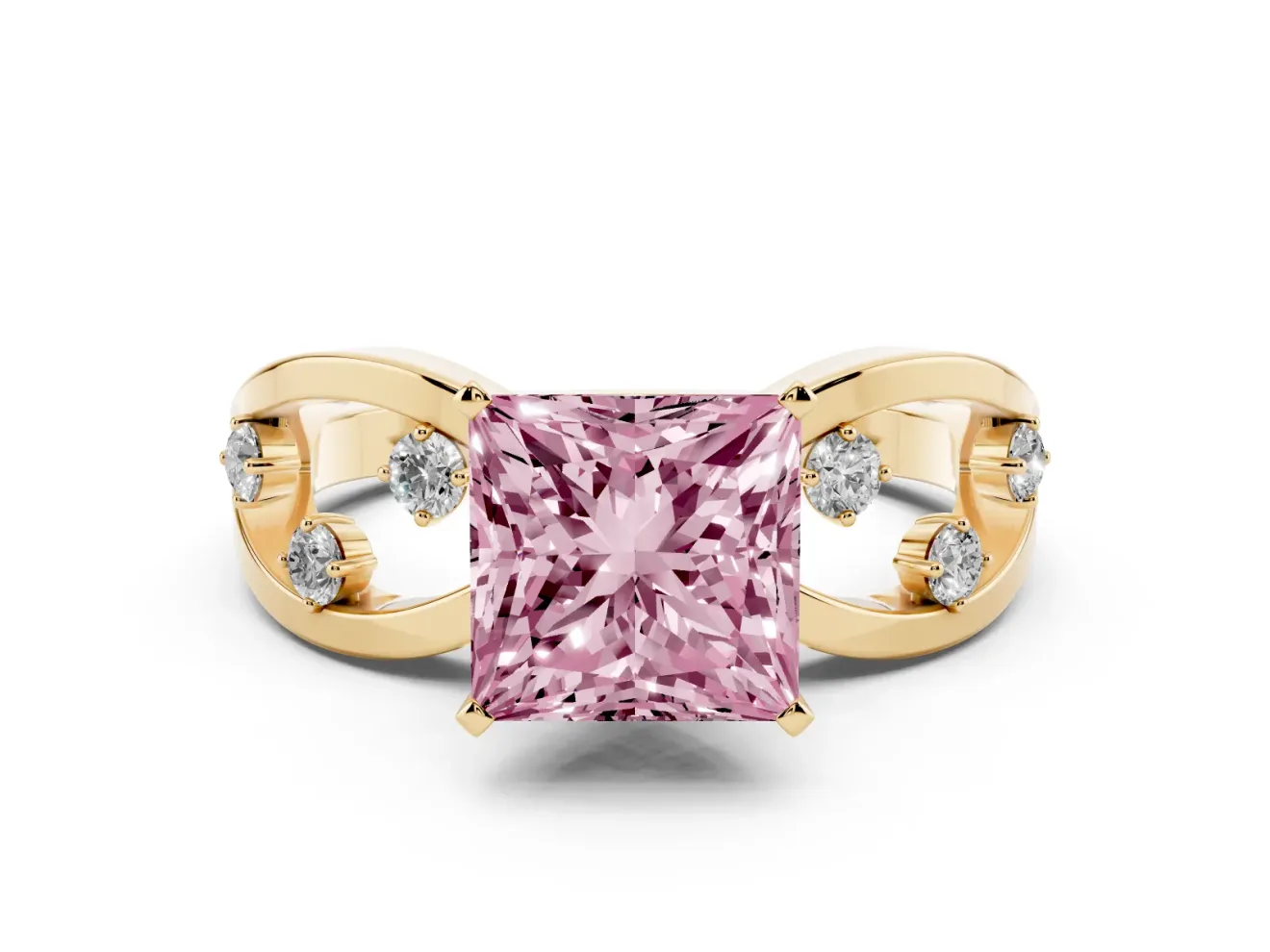 Fancy Pink Princess Cut Diamond Solitaire Ring Set in Yellow gold with Side Stones on Criss-Cross Band and Prong Setting