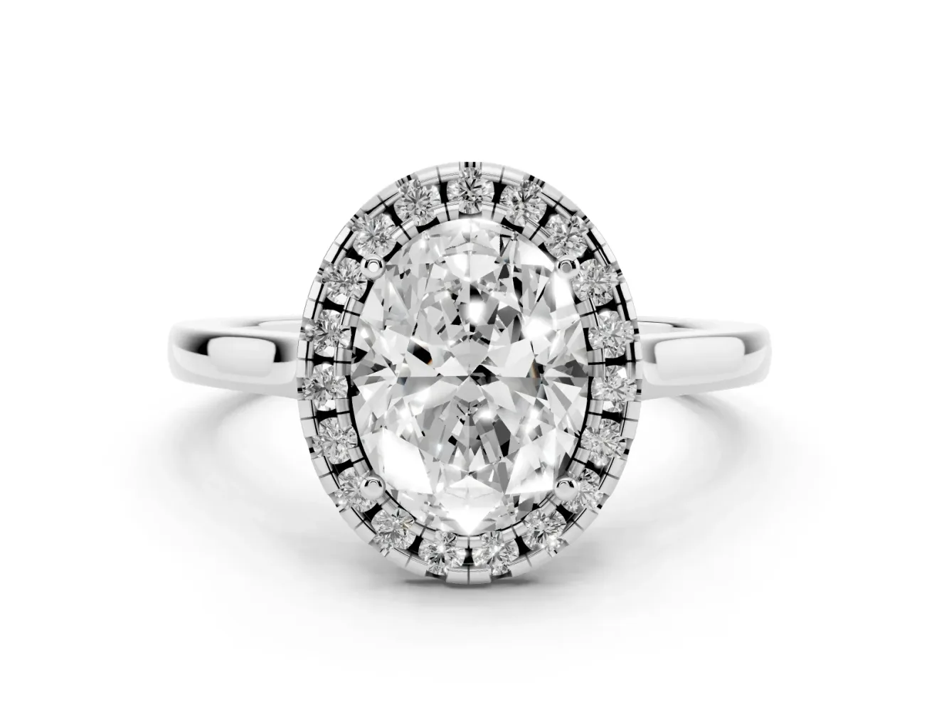 Oval Cut Halo Round Diamond Solitaire Ring Set in White gold with Pavé Band and Prong Setting