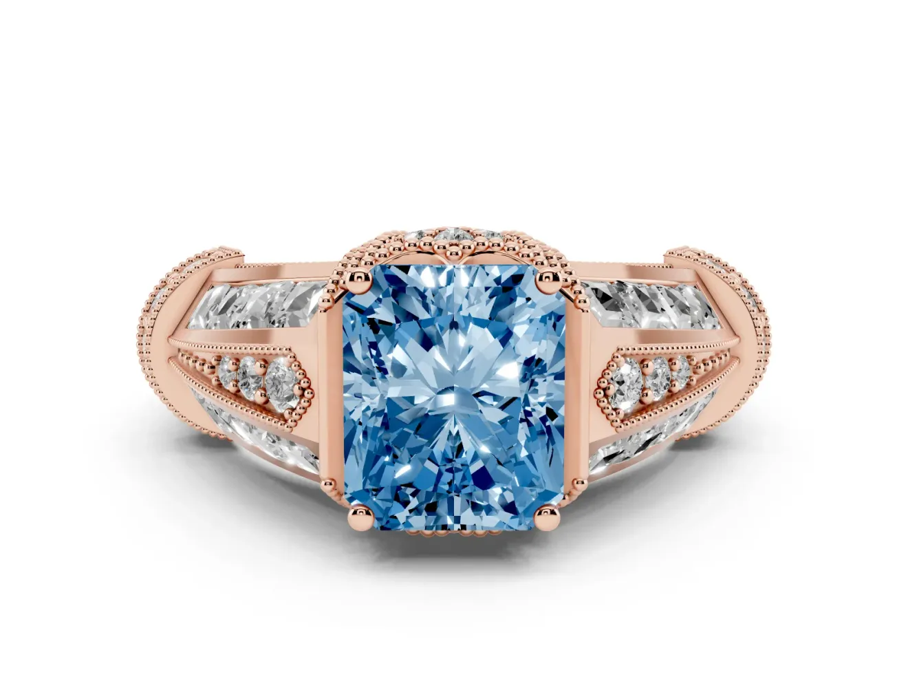 Fancy Blue Radiant Cut Diamond Vintage-Inspired Milgrain Ring Set in Rose gold with Accent Split Shank