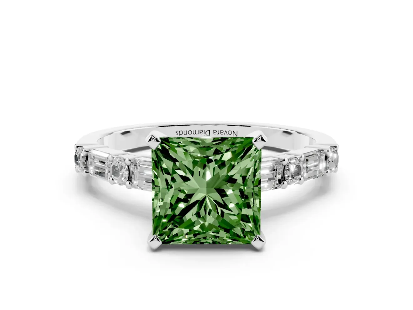 Princess Cut Baguette Side Stone Engagement Ring Setting for a Fancy Green Lab-Grown Diamond | Platinum