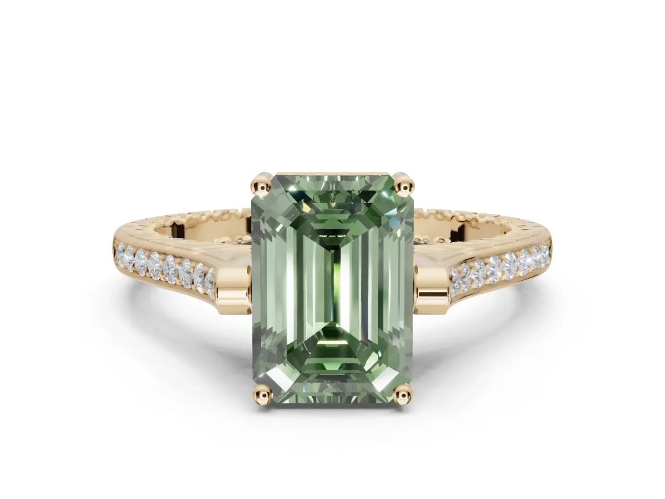 Emerald Cut Vintage Cathedral Engagement Ring Setting for a Fancy Green Lab-Grown Diamond | Carved Band | Yellow Gold