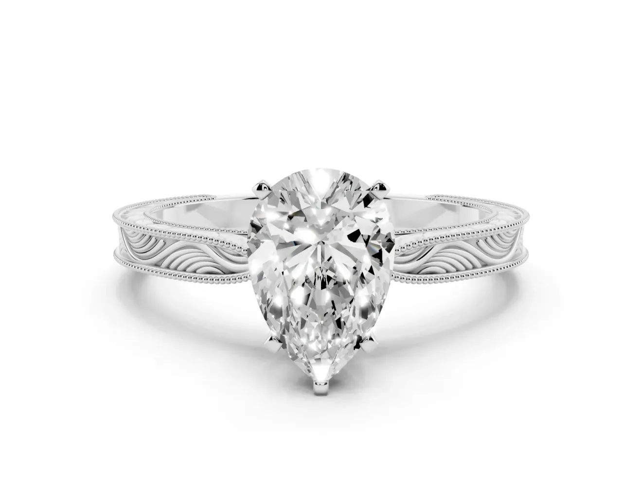 Pear-Shaped Engraved Solitaire Engagement Ring Setting | Milgrain Edges | Platinum