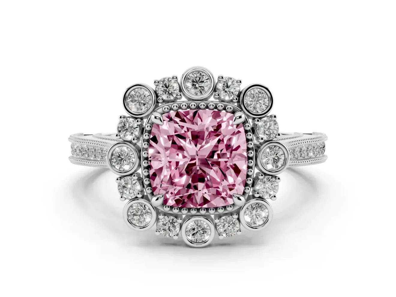 Cushion Cut Scalloped Halo Engagement Ring Setting for a Fancy Pink Lab-Grown Diamond | Milgrain Edges | Platinum