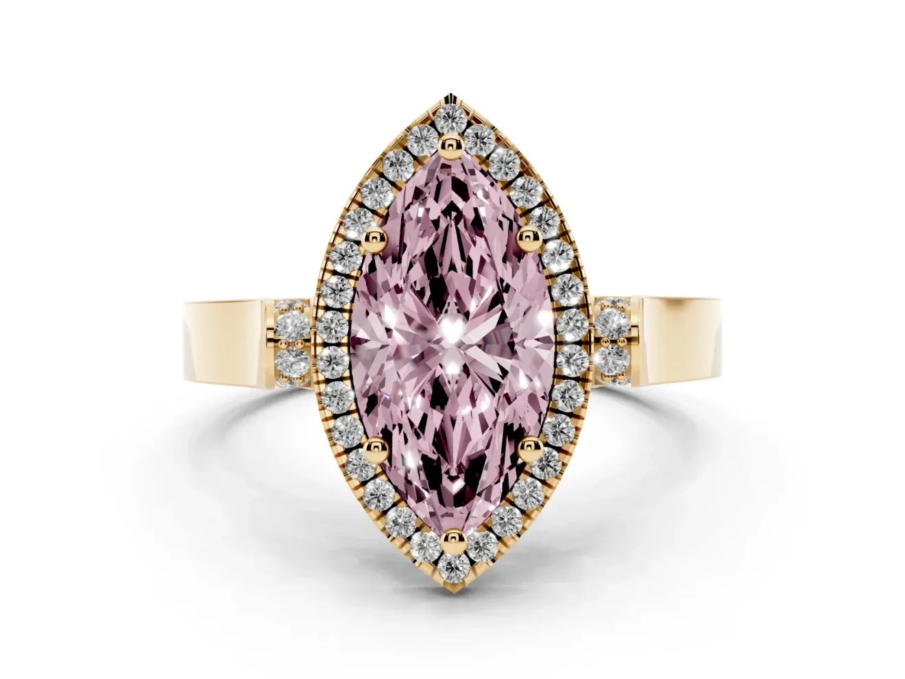 Fancy Pink Marquise Cut Diamond Halo Ring Set in Yellow gold with Pavé-Lined Split Shank Band