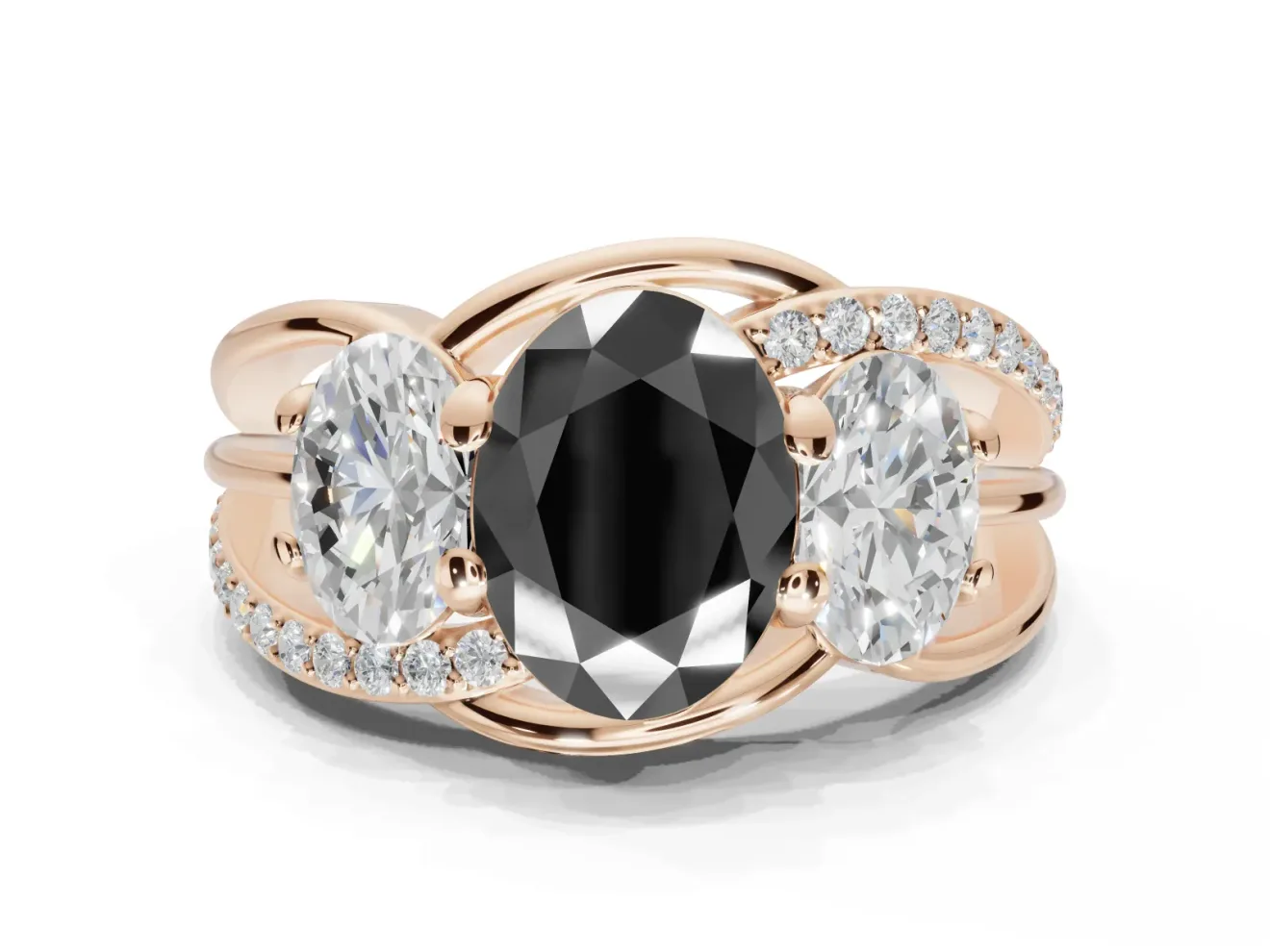 Oval Three Stone Split Shank Engagement Ring Setting for a Black Center | Matching Sides | Rose Gold