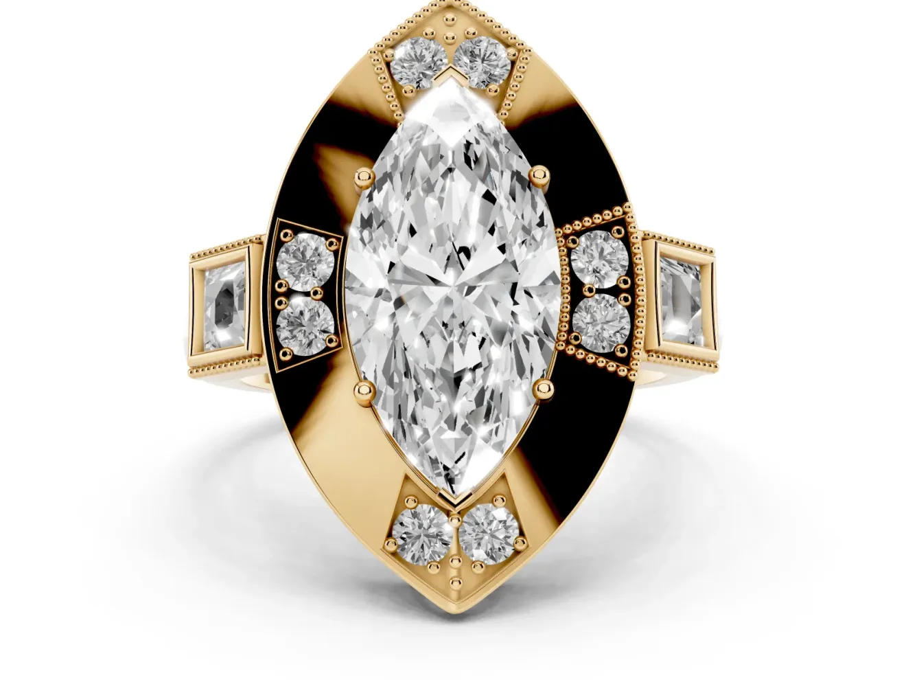 Marquise Milgrain Sectioned Halo Engagement Ring Setting | Square-Framed Sides | Yellow Gold