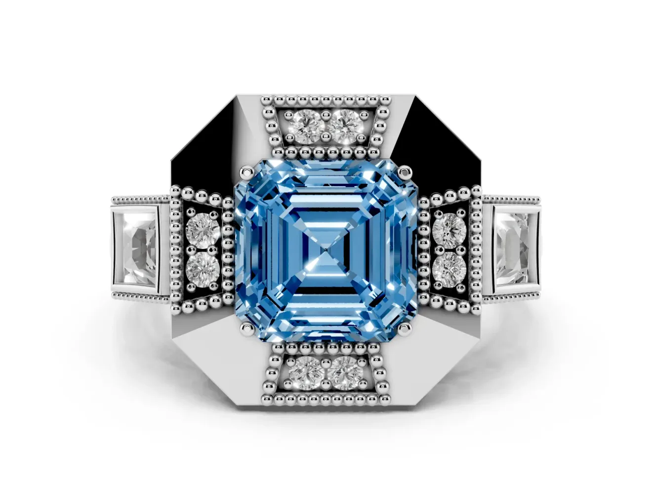Fancy Blue Asscher Cut Diamond Milgrain Halo Ring Set in Silver with Split Shank