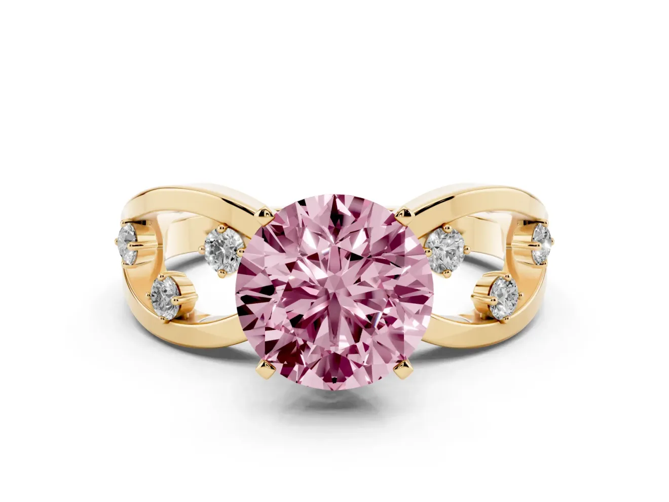 Fancy Pink Round Cut Diamond Solitaire Ring Set in Yellow gold with Side Stones on Criss-Cross Band and Prong Setting
