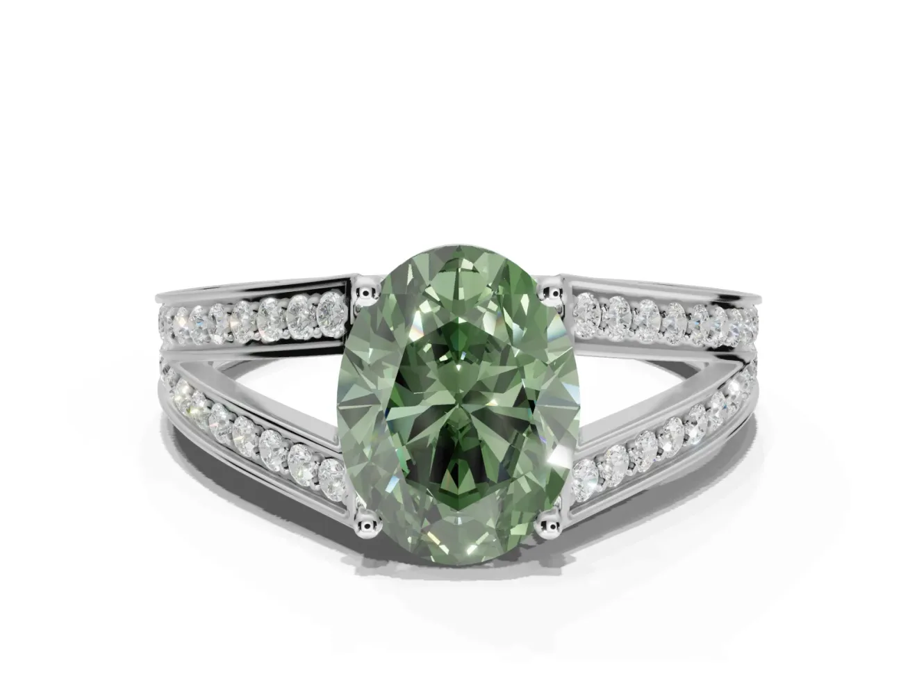 Oval Split Shank Pavé Engagement Ring Setting for a Fancy Green Lab-Grown Diamond | Platinum