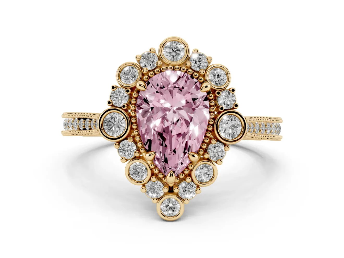 Fancy Pink Pear Cut Diamond Halo Milgrain Pavé Ring Set in Yellow gold with Prong Setting