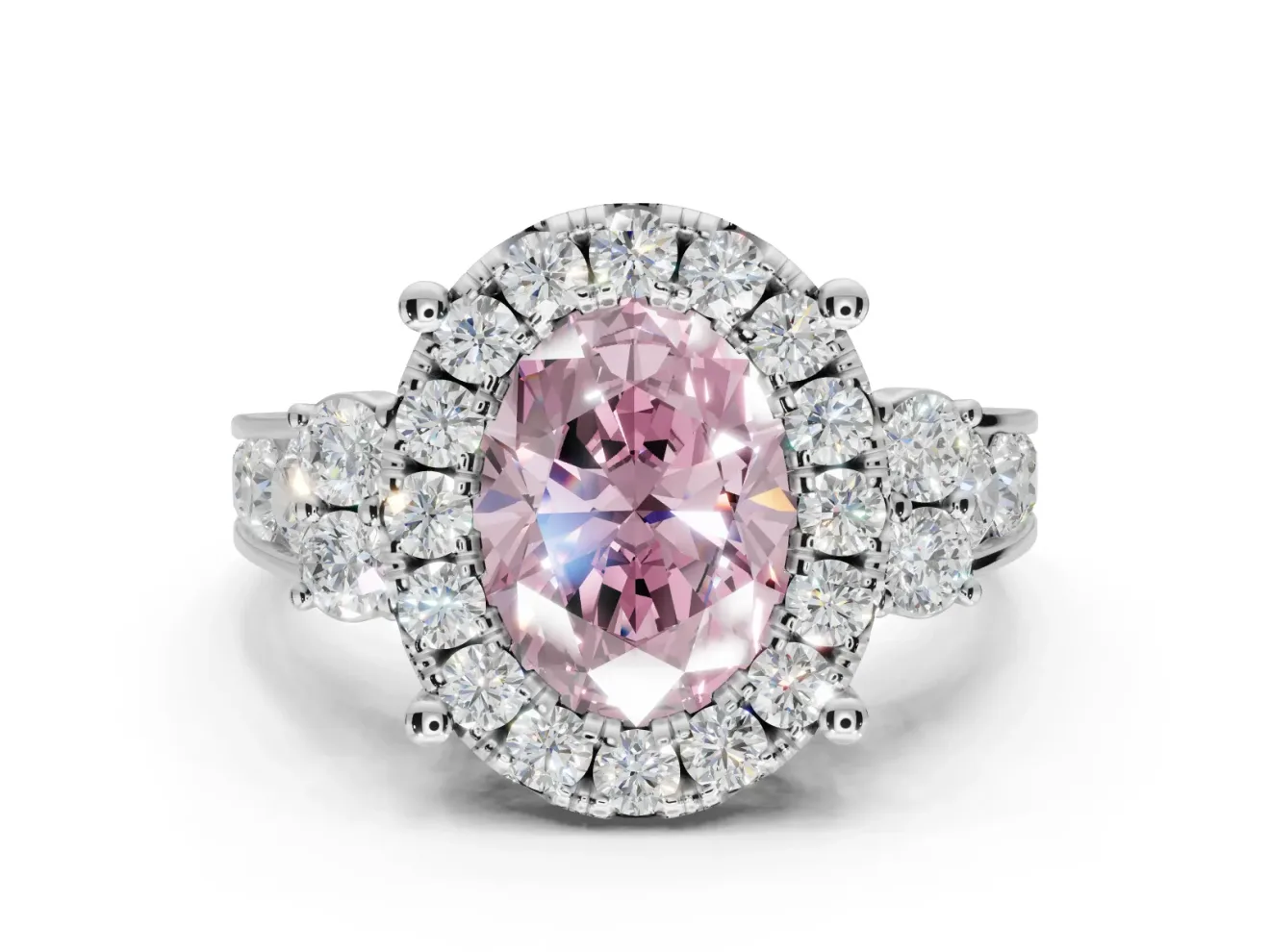 Oval Halo Engagement Ring Setting for a Fancy Pink Lab-Grown Diamond | Side Clusters | Platinum