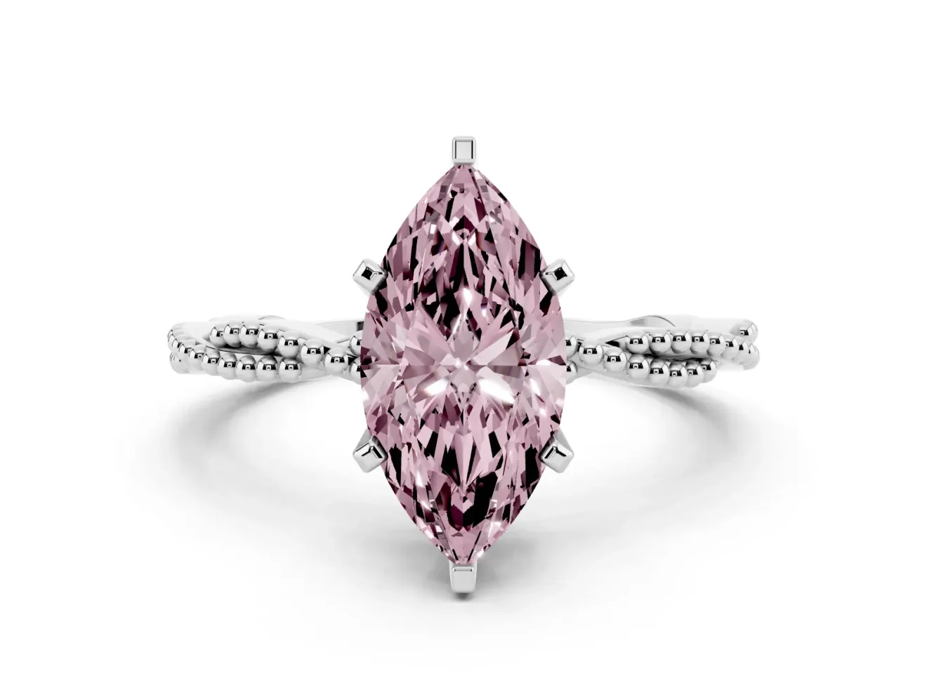 Fancy Pink Marquise Cut Diamond Solitaire Ring Set in Silver with Twisted Band and Bead Prong Setting