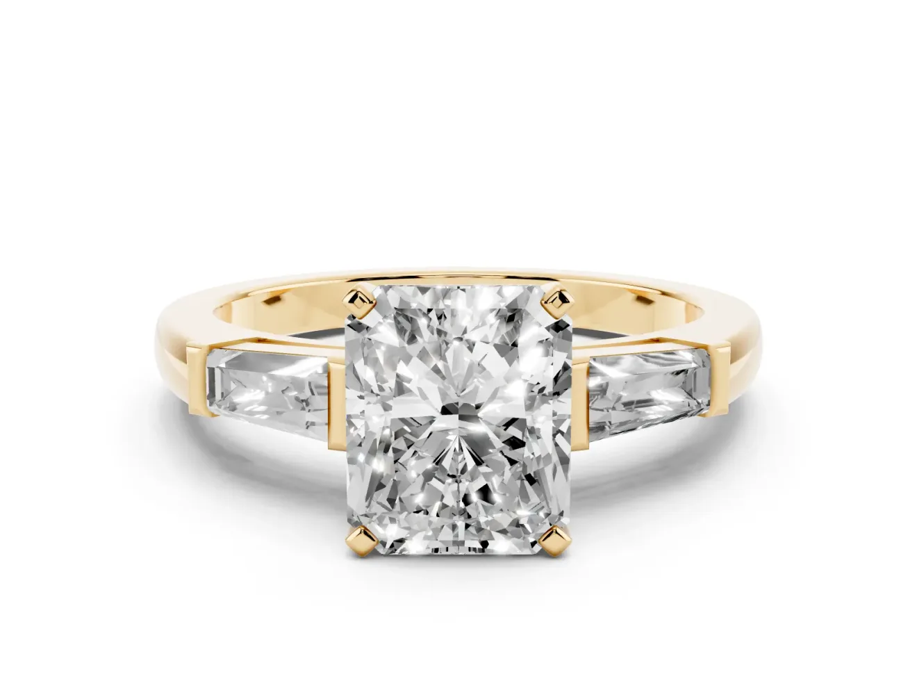 Radiant Cut Three Stone Engagement Ring Setting | Tapered Baguettes | Yellow Gold