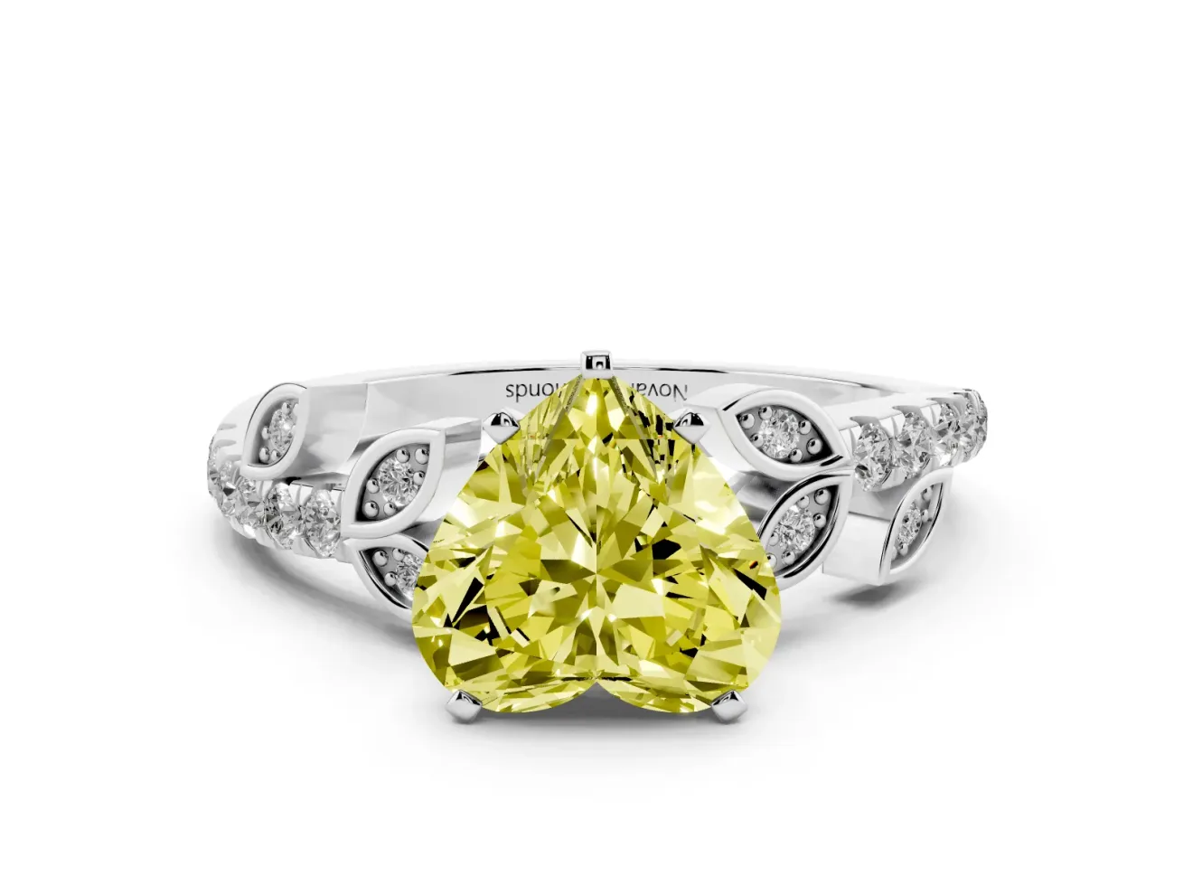 Fancy Yellow Heart Cut Diamond Solitaire Leaf-Inspired Ring Set in Silver with Pavé Band and Prong Setting