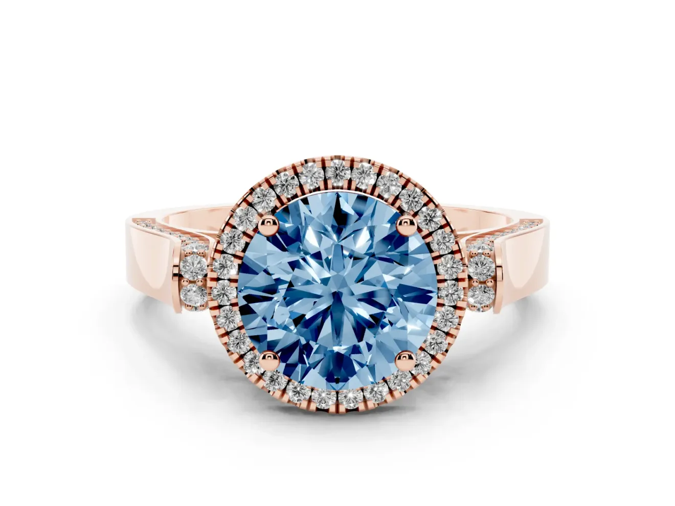 Round Pavé Halo Engagement Ring Setting for a Fancy Blue Lab-Grown Diamond | Rose Gold