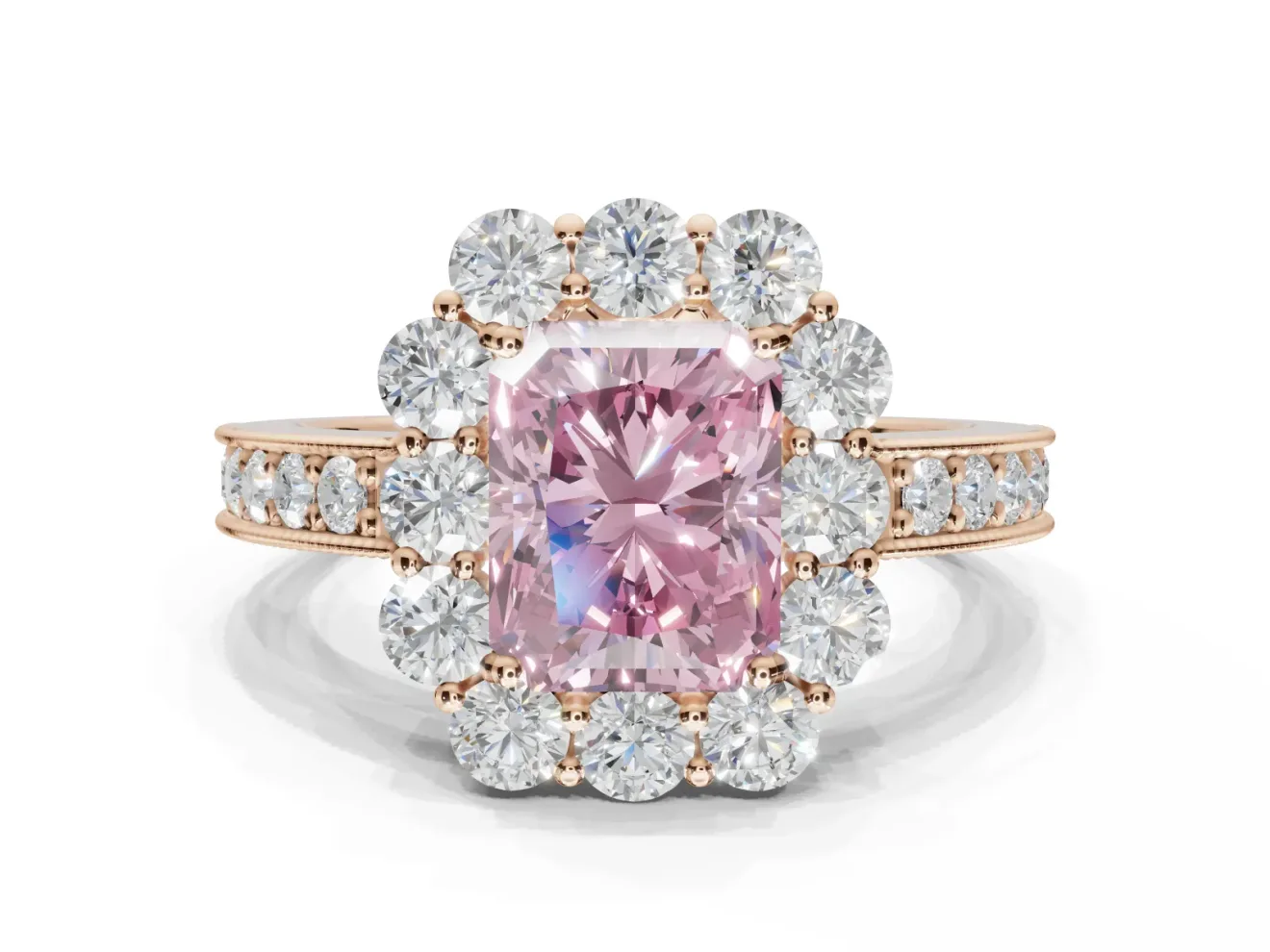 Radiant Cut Vintage Halo Engagement Ring Setting for a Fancy Pink Lab-Grown Diamond | Milgrain Channel Band | Rose Gold