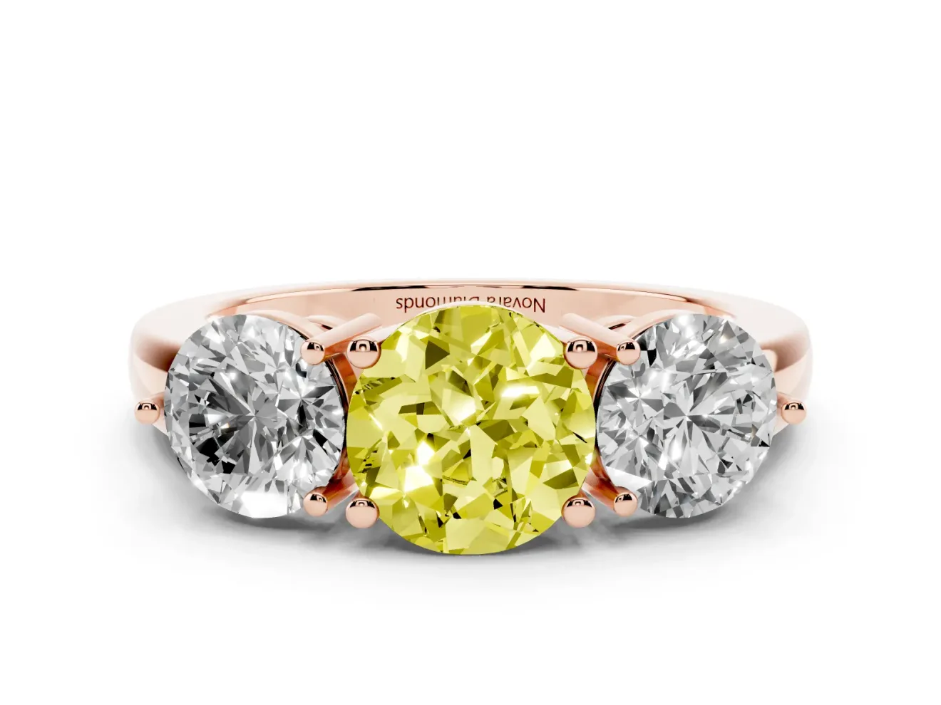 Round Three Stone Engagement Ring Setting for a Fancy Yellow Lab-Grown Diamond | Large Round Side Stones | Rose Gold