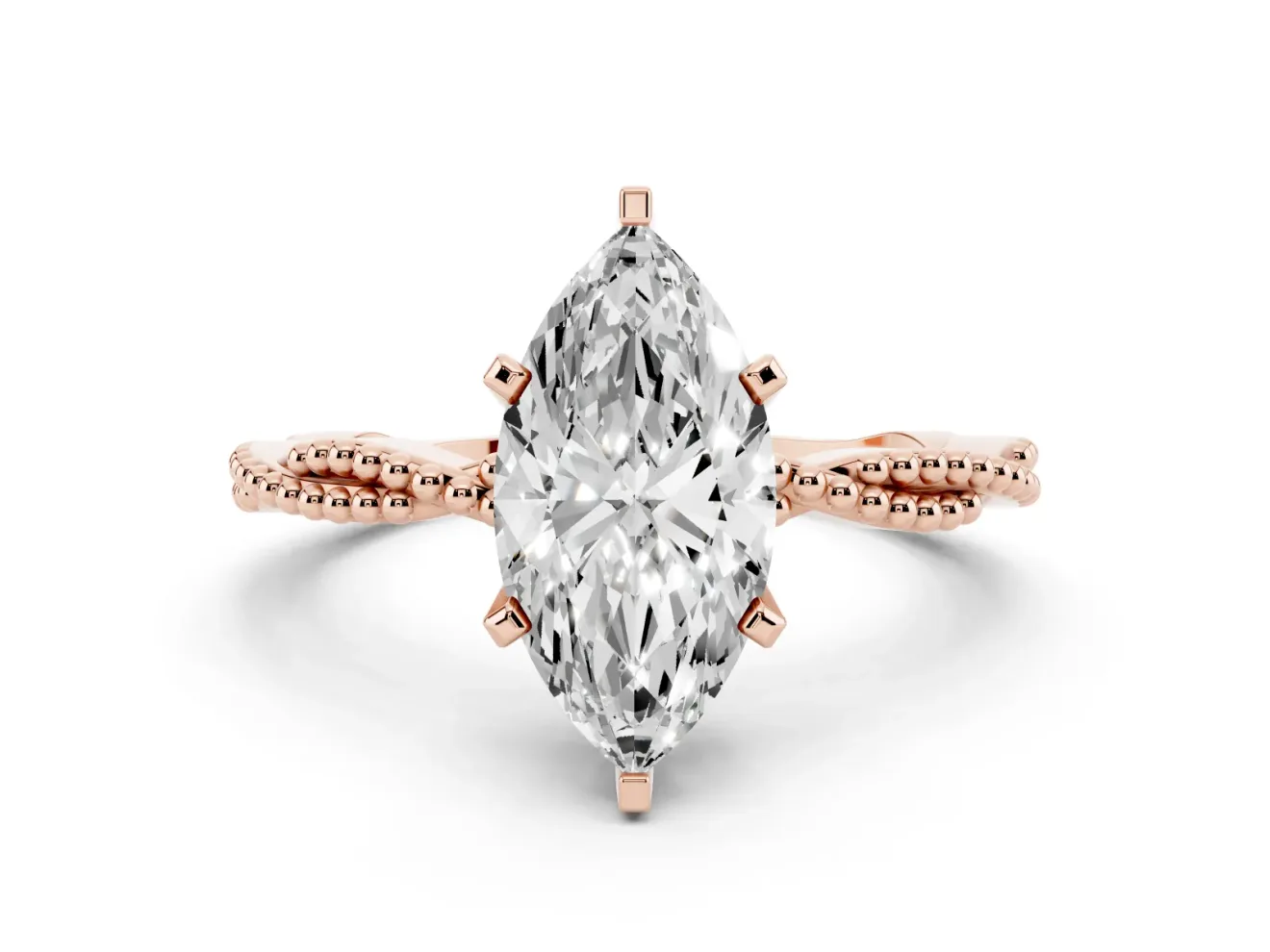 Marquise Twisted Solitaire Engagement Ring Setting | Beaded Twist Band | Rose Gold