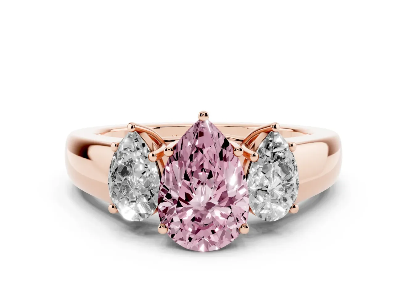 Fancy Pink Three-Stone Pear Cut Diamond Ring Set in Rose gold with Matching Prong Settings and Plain Band