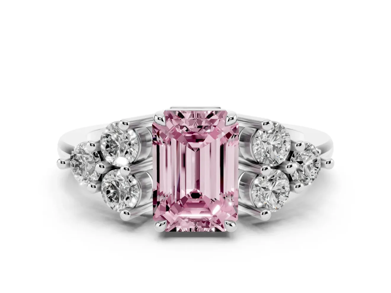 Emerald Cut Cluster Side Stone Engagement Ring Setting for a Fancy Pink Lab-Grown Diamond | Plain Band | Sterling Silver