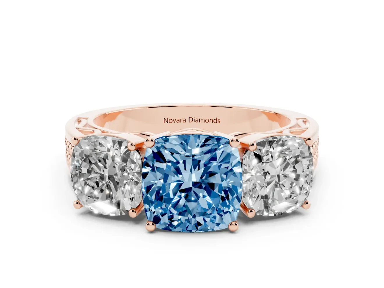 Fancy Blue Cushion Cut Diamond Three-Stone Ring Set in Rose gold with Textured Band